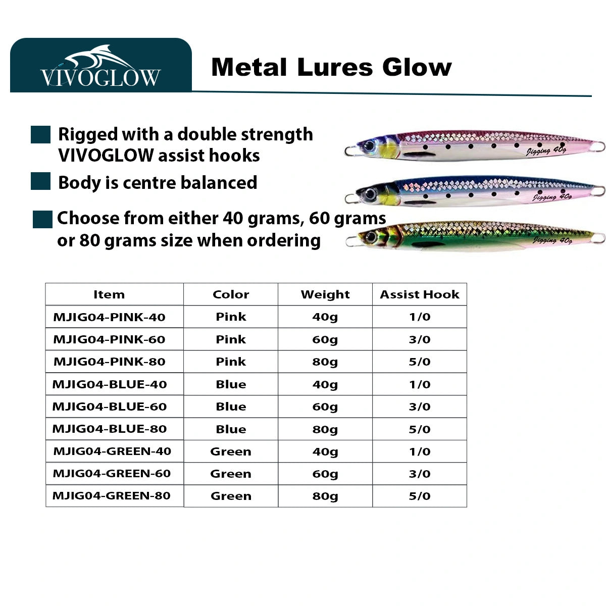 Metal Lures Glow Saltwater Fishing Lures 40g 60g 80g